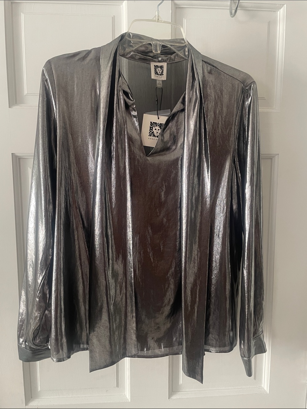 Anne Klein Metallic Silver Tie-Neck Blazer Top
